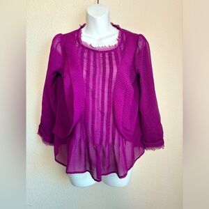 HD in Paris Anthropologie Plum Purple Chiffon Check Chiffon 3/4 Sleeve Blouse 4P